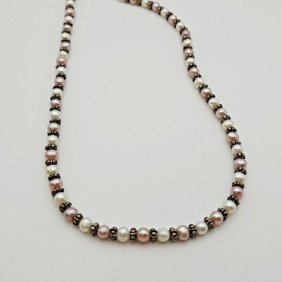 Classic 18" Freshwater Pearl Necklace Pink White Silver Beads Feminine Romantic - Picture 2 of 16
